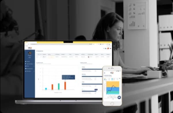 Smartphone and laptop screens showing various data visualizations in a corporate app developed by BeeReal.